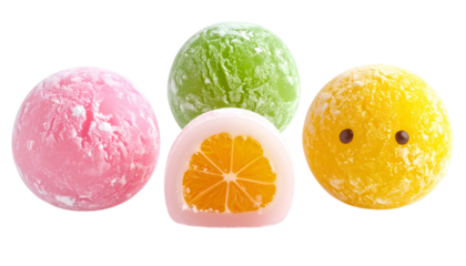 Colorful round mochi desserts, one cut to show fruit, set against a black backdrop