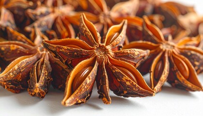 Macro close-up of several star-shaped, dried spice pods, showcasing intricate detail