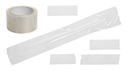 Clear adhesive tape roll and various pieces of transparent sticky tape isolated on white background