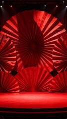 A striking stage design featuring a large red fan-like backdrop with radiating patterns illuminated by spotlights for a dramatic performance setting.