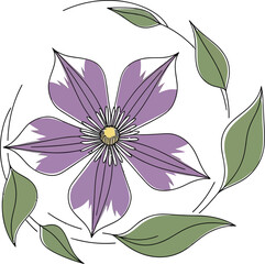 Purple Flower with Green Leaves Vector Illustration on Transparent Background