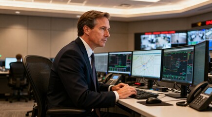 Man in suit working at control room desk