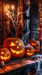 Porch scene lit by glowing carved pumpkins, spiderwebs, and fairy lights