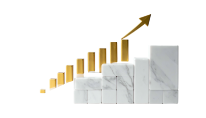 A golden upward arrow with bars & steps, representing growth and progress on black background