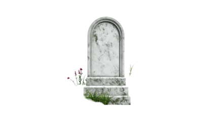 A weathered, white marble tombstone with floral accents and grass, isolated on black