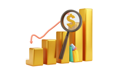 3D render of gold bar graph with magnifying glass showing dollar sign, arrow, and shopping bags