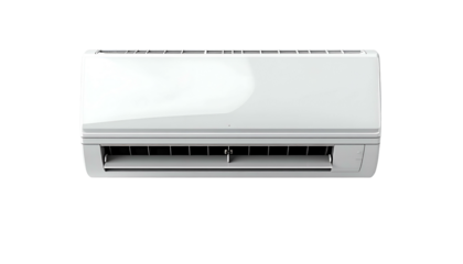 White, wall-mounted air conditioning unit with vents and a glossy finish, isolated on black