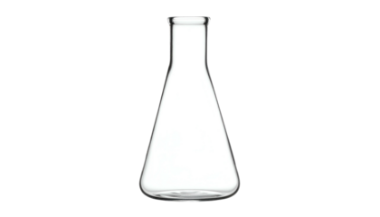 Empty, clear glass Erlenmeyer flask isolated on black. Cone-shaped body with a neck