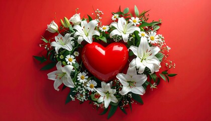 Red heart embraced by a floral arrangement of white lilies and daisies