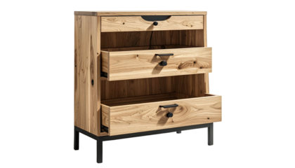 Wooden cabinet with three drawers, partially open, on black metal legs. Neutral backdrop