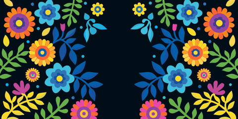 Colorful floral pattern with stylized blooms and green foliage on black background