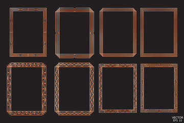 Premium copper geometric frames are isolated on black background. Luxury copper borders for invitations, luxury templates, and decorative patterns. 3D vector illustration.