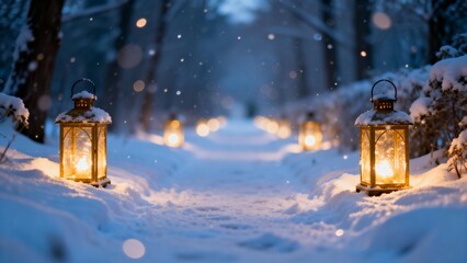Snowy path with glowing lanterns
