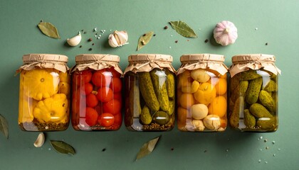 Five glass jars of colorful preserved vegetables with herbs and garlic on a green surface