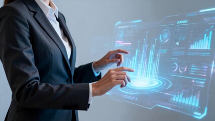 Businesswoman interacting with digital data interface