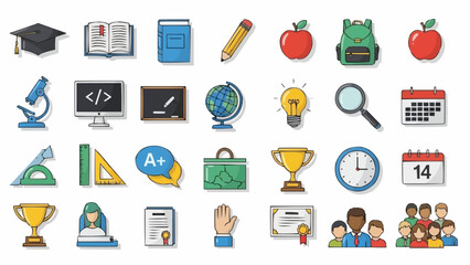 Collection of colorful school and education related icons.