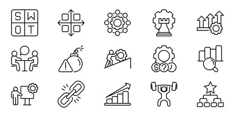 Fototapeta premium Icon sheet of business strategy icons SWOT, growth, teamwork, and problem-solving concepts