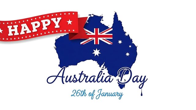 Festive graphic illustration celebrating Australia Day on January 26th featuring the blue and white Australian flag design superimposed over the map outline of the continent with a decorative red bann
