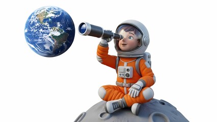 Astronaut Boy Intently Observes Earth with Telescope Joyfully