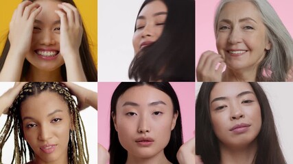 A collage features diverse women engaged in hair care routines, showcasing their joy and beauty. Each woman radiates confidence while pampering herself in a colorful home environment.