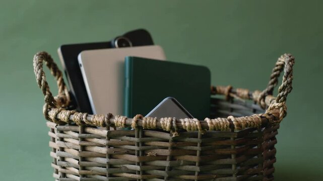 Hand placing a smartphone into a wicker basket filled with various mobile devices and tablets. Concept of digital detox, social media break, and technology disconnection for mental wellness.