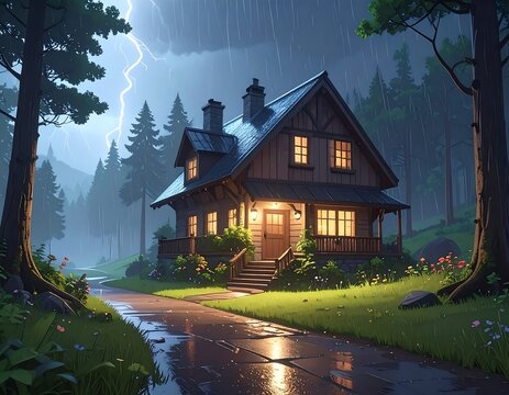 Cozy cabin amidst a stormy forest scene with lightning strike - Powered by Adobe