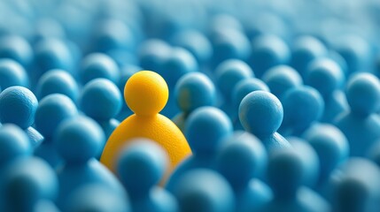 Yellow character distinguishing itself from many blue human figurines representing individuality