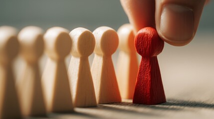 Hand choosing a standout red wooden pawn from a line of bland wooden figures