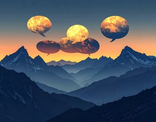 Surreal landscape with mountain silhouettes under an orange sky, speech bubbles resembling fiery celestial bodies