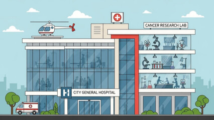City general hospital building with cancer research lab, helicopter on roof and ambulance in front, medical facility with blue windows and red accents, sunny day