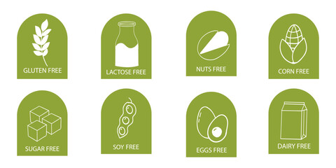Set allergen free ingredients. Gluten free products warning symbols. Lactose, gluten, sugar, corn, egg, trans fat, soy, nut icon, dietary food badge. Minimal line organic design. Sign or stamp.