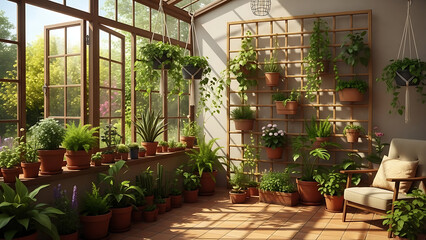 Lush sunroom filled with potted plants trellis and hanging greenery creating tranquil indoor garden for serene and vibrant living space
