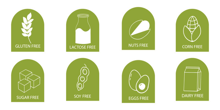 Set allergen free ingredients. Gluten free products warning symbols. Lactose, gluten, sugar, corn, egg, trans fat, soy, nut icon, dietary food badge. Minimal line organic design. Sign or stamp.