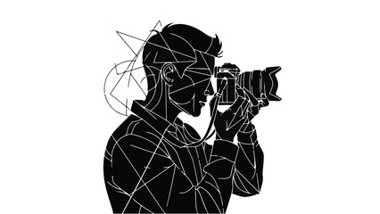 Creative individual capturing a moment with a professional camera, visualized with abstract lines