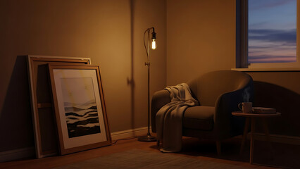 Cozy reading corner featuring an armchair floor lamp and framed art in warm lighting perfect for relaxing and unwinding in comfortable space
