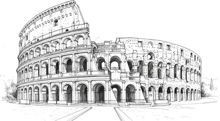 Detailed black and white architectural sketch of the Roman Colosseum amphitheater isolated on white background for travel and history © NURUL
