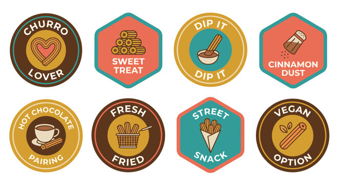 Set of colorful churro vector badges and stickers featuring sweet spanish dessert designs with text labels like lover, cinnamon dust, and fresh fried for food packaging or menu branding.