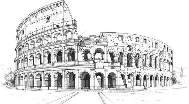 Detailed black and white architectural sketch of the Roman Colosseum amphitheater isolated on white background for travel and history