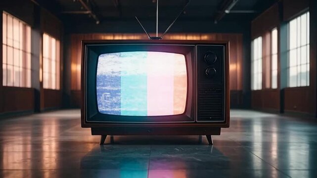 Vintage television set displays colorful test pattern in dimly lit, spacious room.