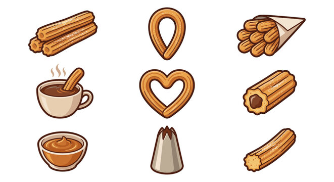 Collection of isolated churro vector icons and illustrations showing fried dough pastry in various shapes like heart, loop, and stack with chocolate dip and piping nozzle for bakery menu.