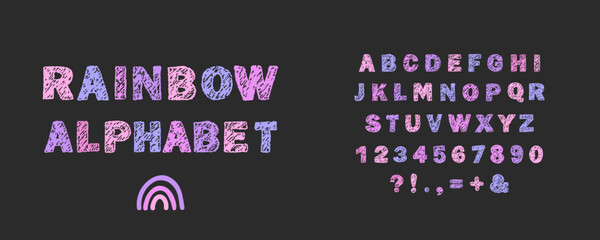 English alphabet crayon. Colorful scribble font with childlike style. Playful designs and for school or party themed projects. Vector illustration.