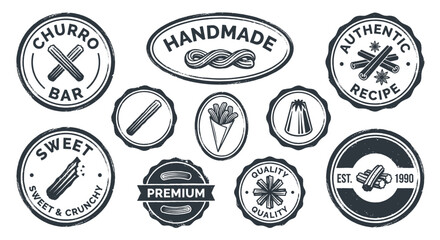 Vintage monochrome churro vector badges and labels set for bakery branding featuring retro typography authentic recipe stamps and sweet dessert emblems