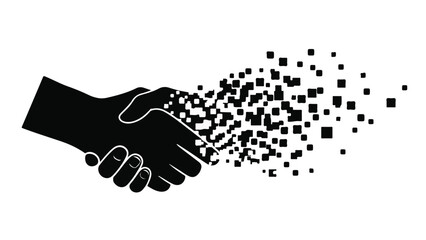 Digital handshake dissolving into abstract squares, symbolizing connection and transformation.