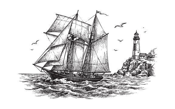 Vintage Sailing Ship and Lighthouse Illustration