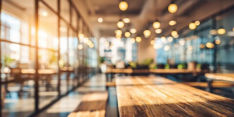 Bright blurred office background with glass walls and desks in modern coworking space for business presentation or digital design use with office