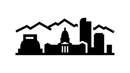 Fototapeta premium Black Denver skyline vector silhouette with Rocky Mountains zig zag line. Simple monochrome cityscape icon featuring State Capitol and downtown buildings on white