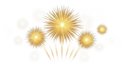 Golden fireworks exploding in the air isolated on transparent background
