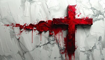 A red cross, painted on marble, is splattered with crimson paint, evoking a sense of drama