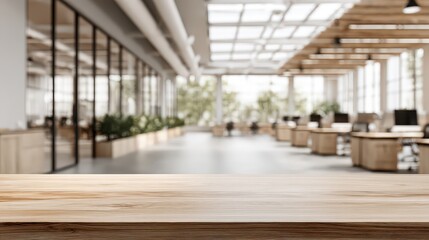 Bright blurred office background with glass walls and desks in modern coworking space for business presentation or digital design use with modern