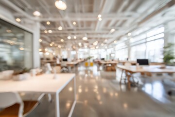 Bright blurred office background with glass walls and desks in modern coworking space for business presentation or digital design use with modern